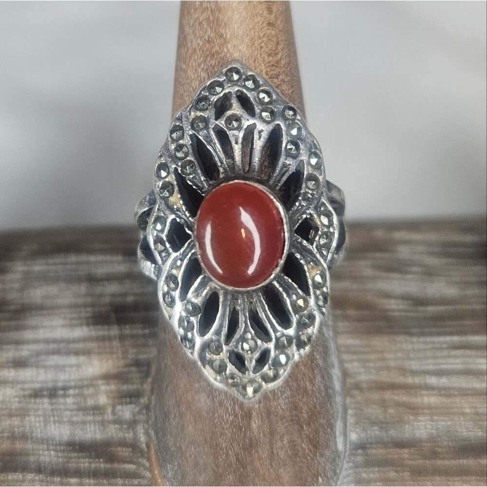 Vintage Sterling Silver, Marcasite, Carnelian Art Deco Ring 30s-50s EUC Sz 6.75